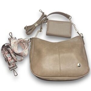 Modern+Chic Marissa Saddle Crossbody Bag Set Taupe Vegan Leather Wallet 4 Straps